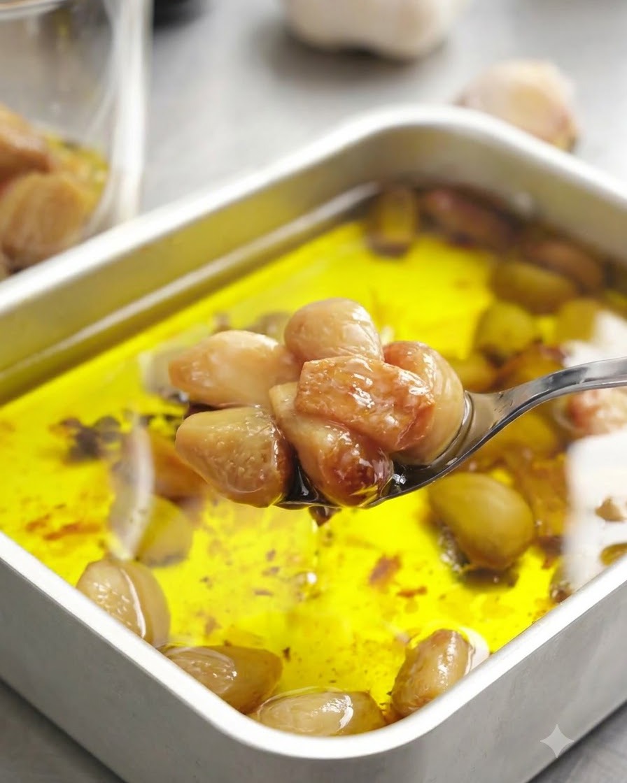 Roasted garlic cloves being scooped with a spoon and placed into a glass jar.