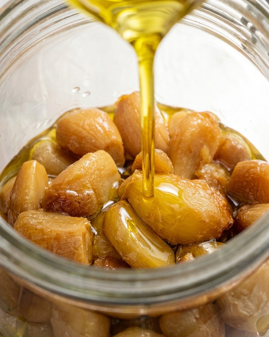 Olive oil being poured from above into a jar filled with roasted garlic cloves.