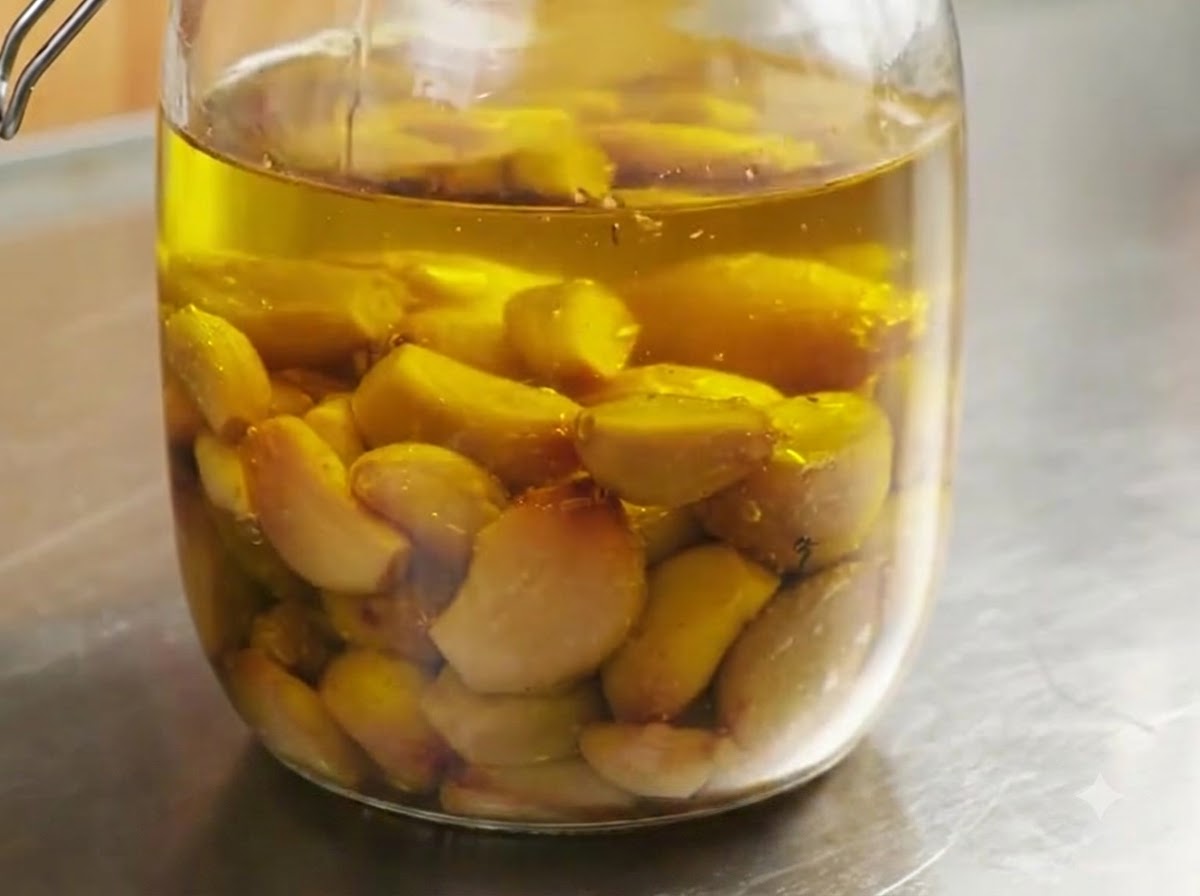 A sealed glass jar filled with golden garlic confit submerged in clear olive oil.