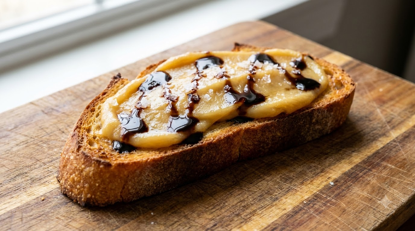 A close-up view of a slice of toasted baguette spread with golden garlic confit, drizzled with dark balsamic vinegar and sprinkled with sea salt, held by a hand.
