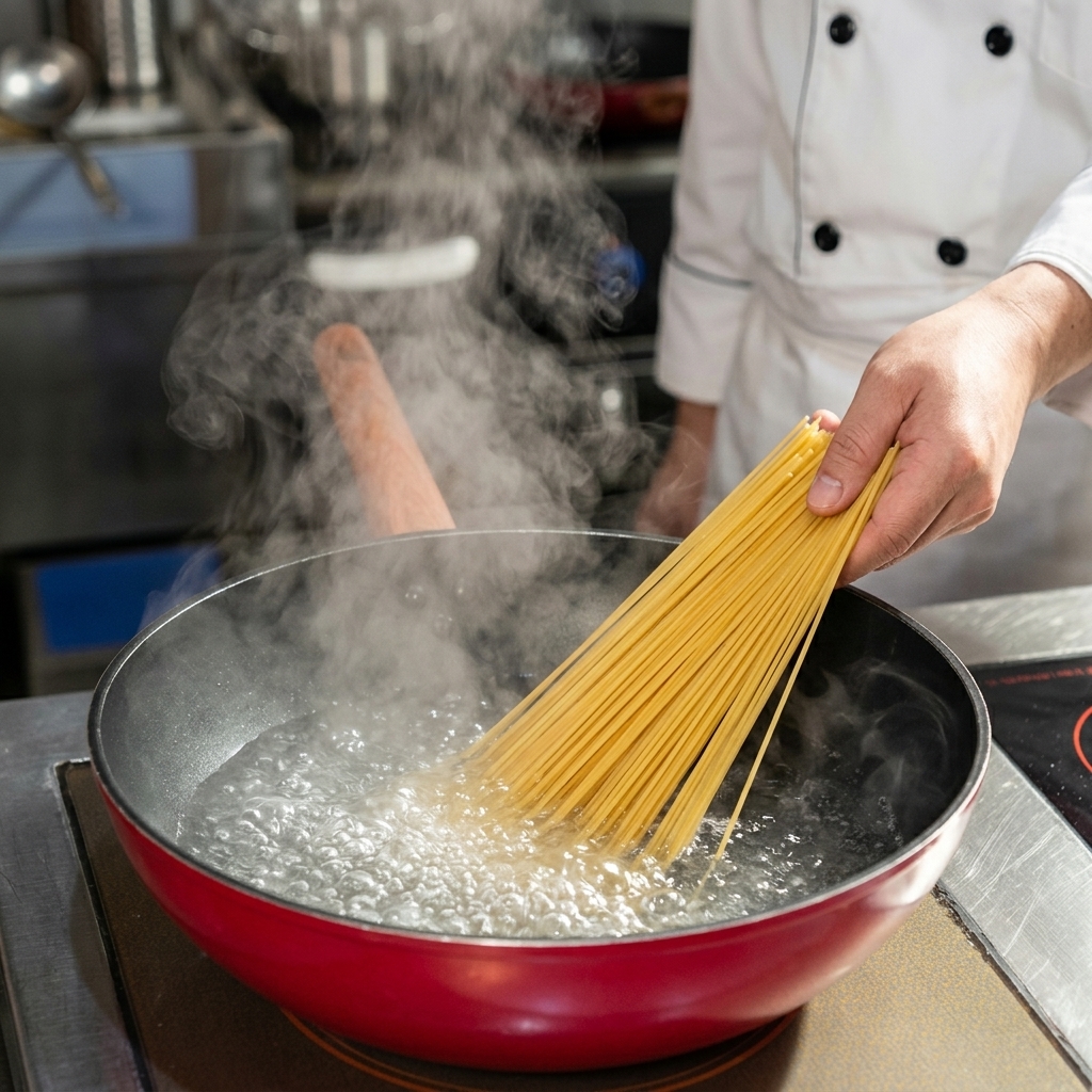 Dry spaghetti pasta being placed into a pot of boiling water.