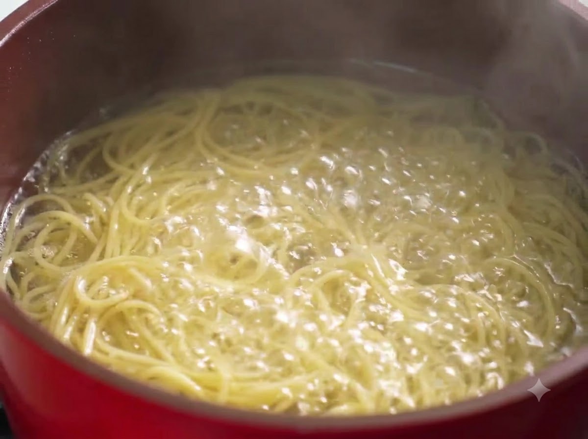 Cooked spaghetti pasta boiling in water.