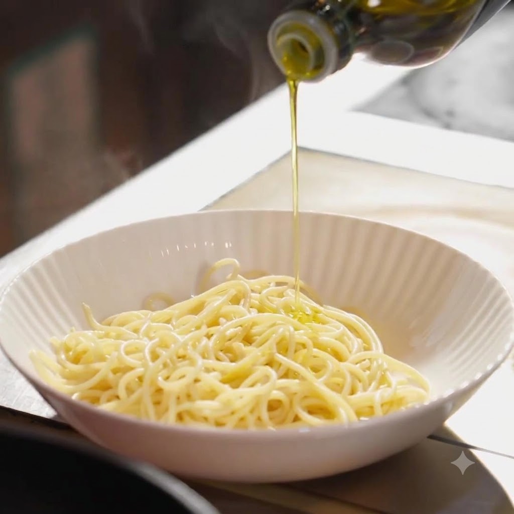Olive oil being drizzled over cooked pasta in a bowl.