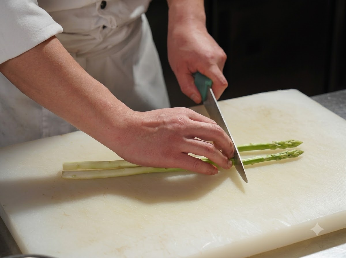 Chef cutting asparagus stalks on a cutting board.