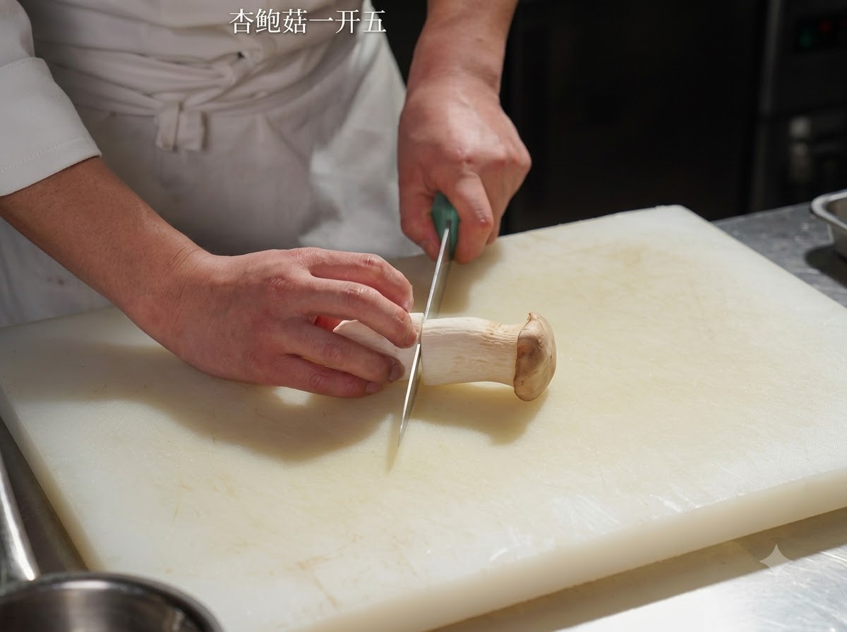 King oyster mushroom being cut into quarters on a cutting board.
