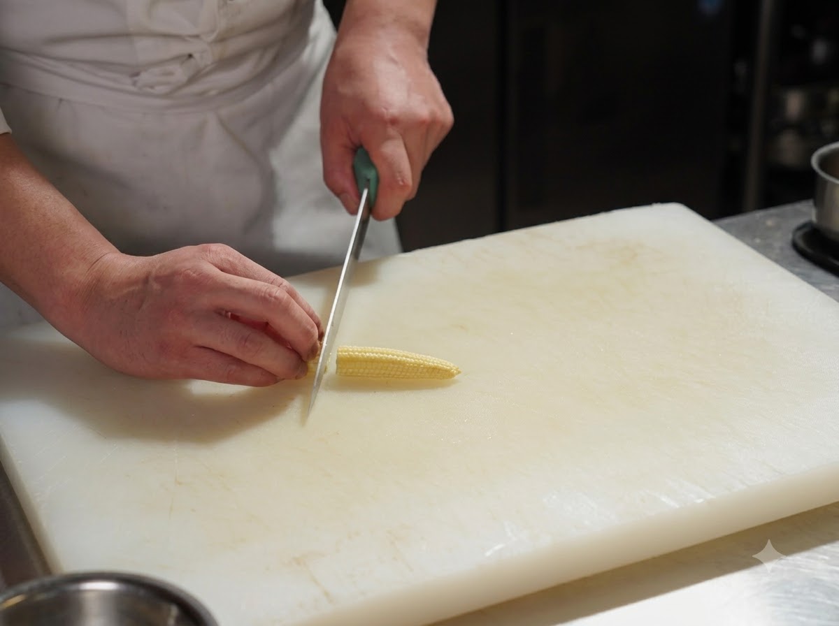 Baby corn being sliced in half lengthwise on a cutting board.