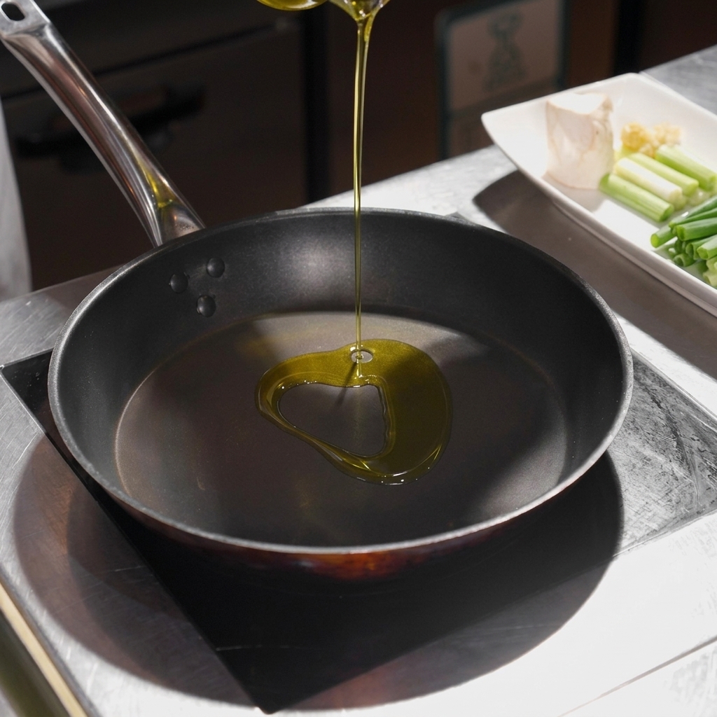 Olive oil being poured from a small container into the center of a hot frying pancite: 1.