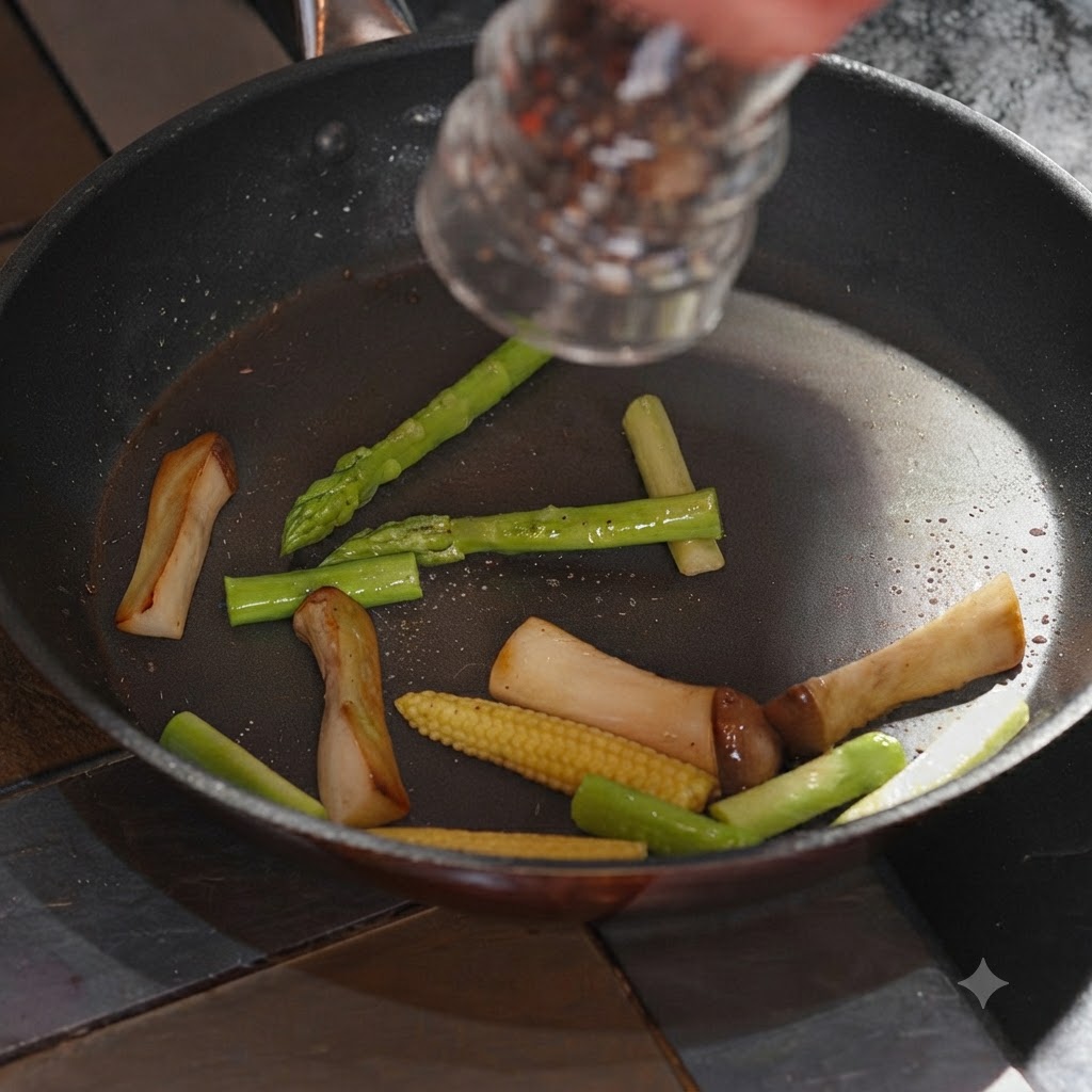 Black pepper grinder seasoning salt and pepper over the asparagus, mushrooms, and baby corn in the pan.