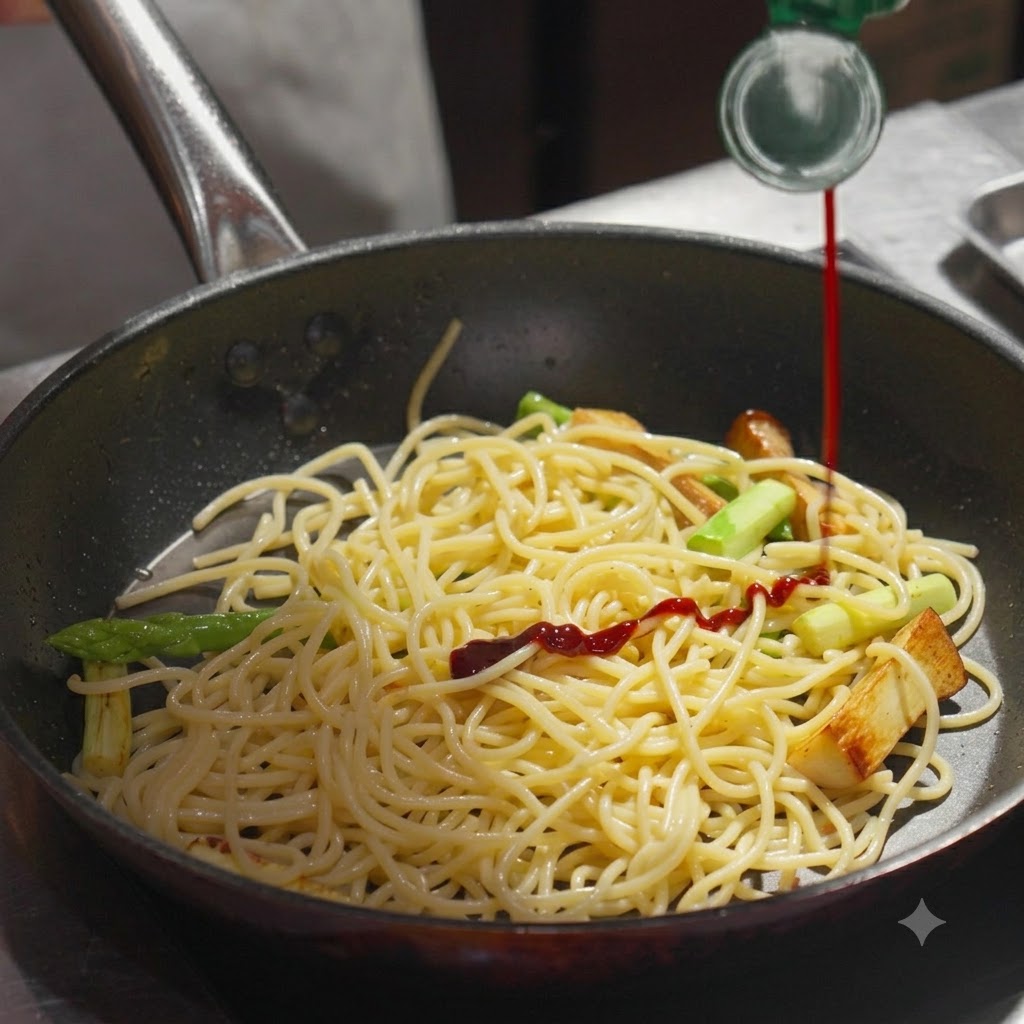 Dark sauce being poured from a bottle onto a bed of spaghetti pasta and vegetables in a pancite: 1.