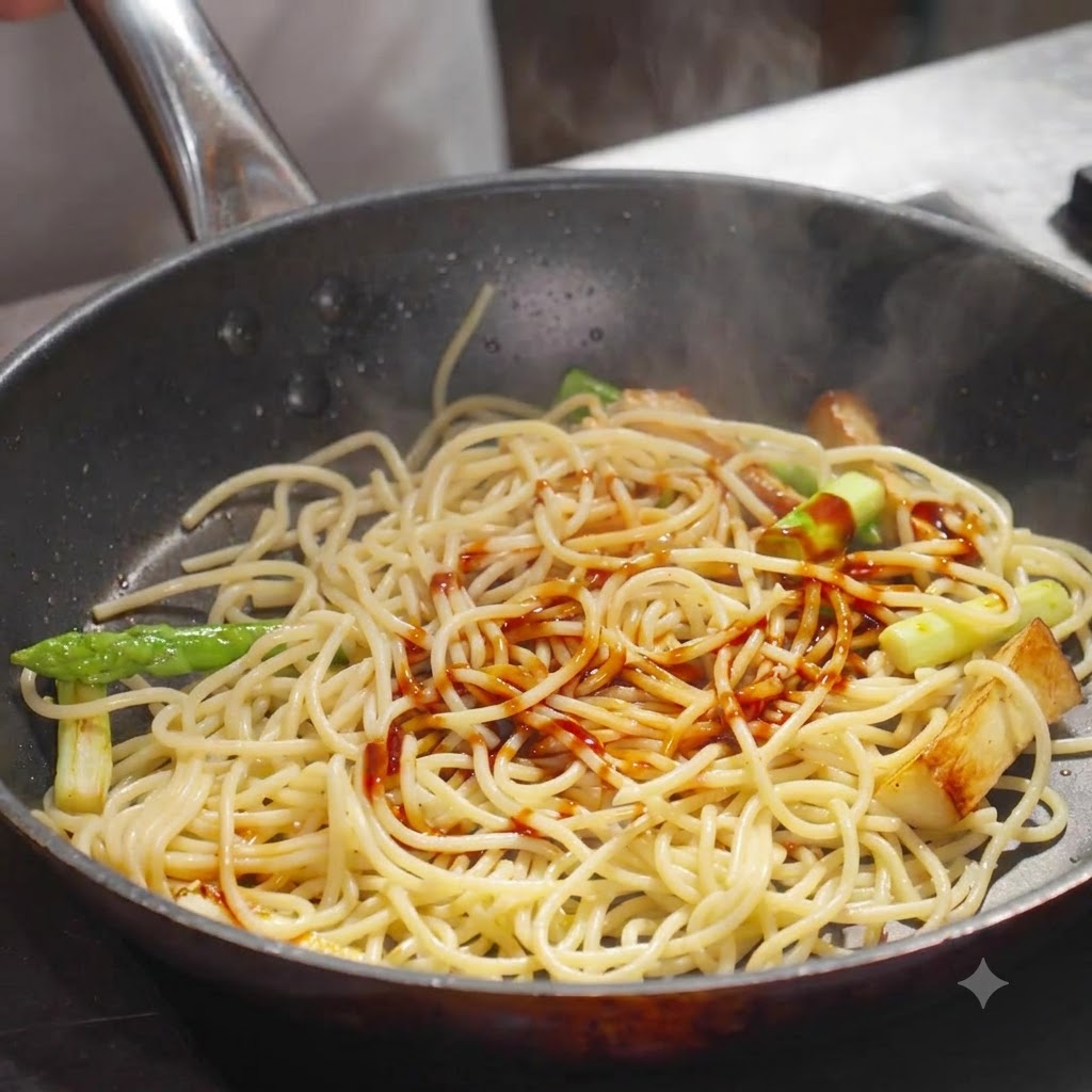 Spaghetti pasta mixed with vegetables in the pan, drizzled with soy sauce and oyster sauce.