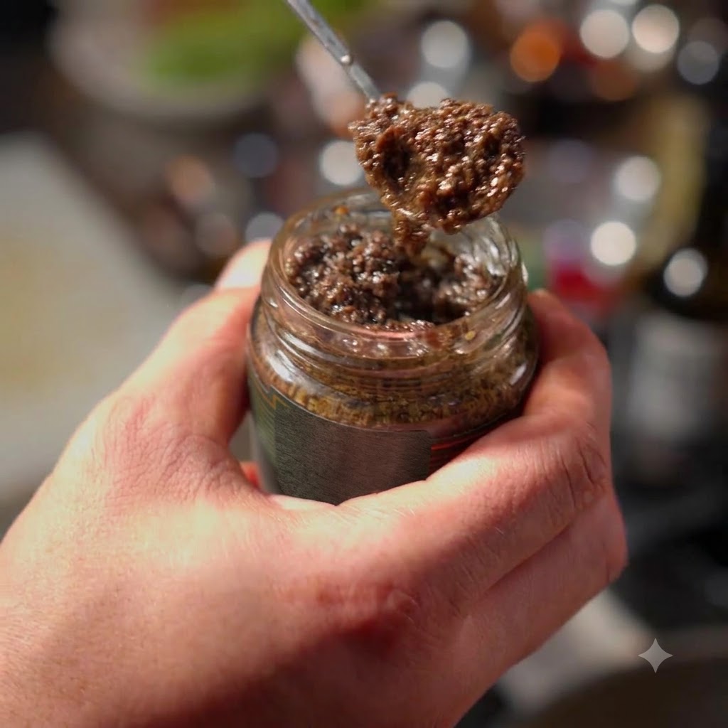 A spoonful of black truffle sauce being held over a glass jar, ready to be added.