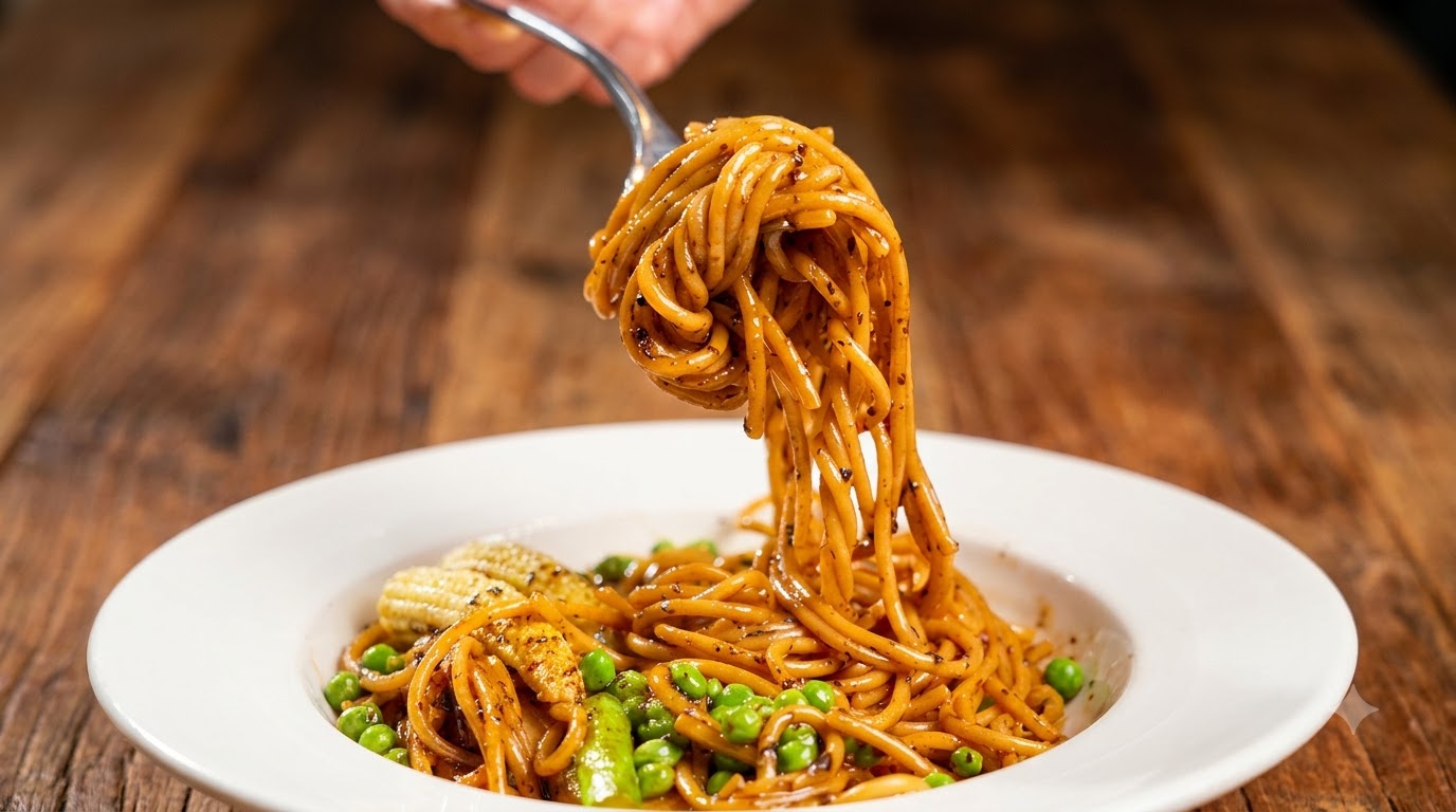 Gourmet Italian Black Truffle Pasta with Wild Mushrooms and Asparagus