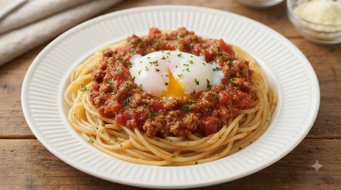 Classic Tomato Meat Sauce Spaghetti with a Soft Egg