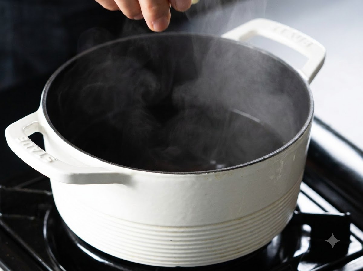 A person sprinkling salt into a large white pot filled with boiling water.