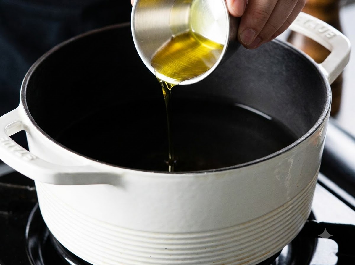 Olive oil being poured from a small metal measuring cup into a pot of boiling water.