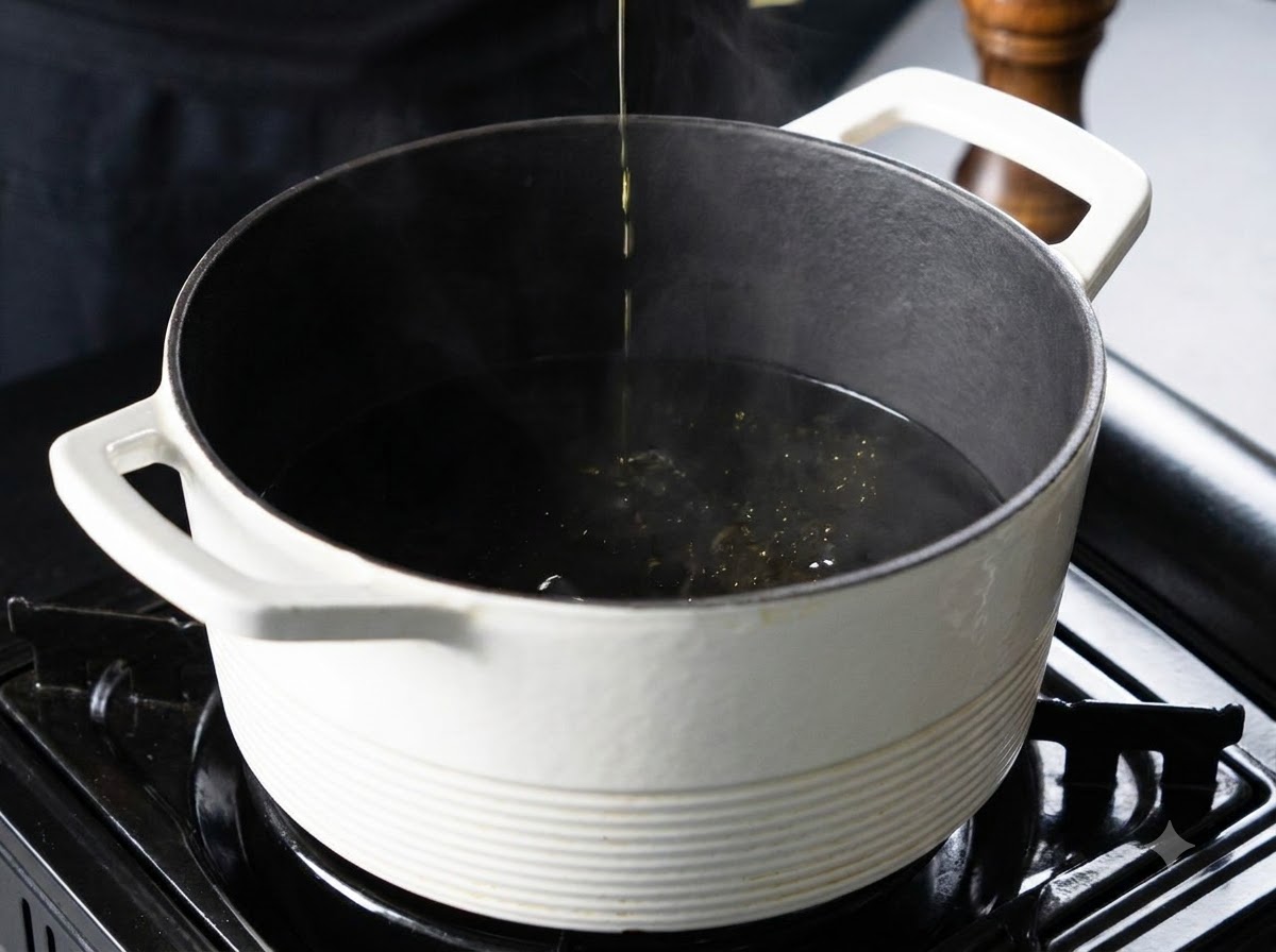 Streams of water and steam rising as pasta cooks inside a boiling pot.