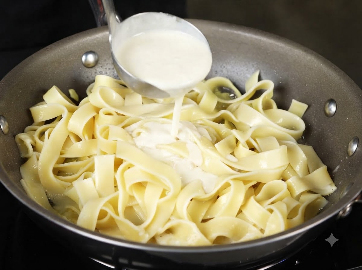 Heavy cream being poured from a ladle into the pan with pasta.