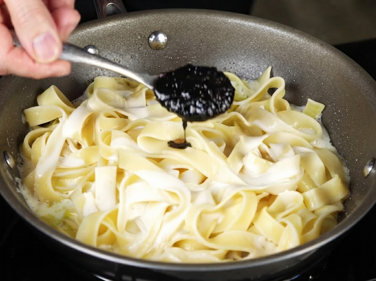 Black truffle sauce being dropped from a spoon onto the pasta in the pan.