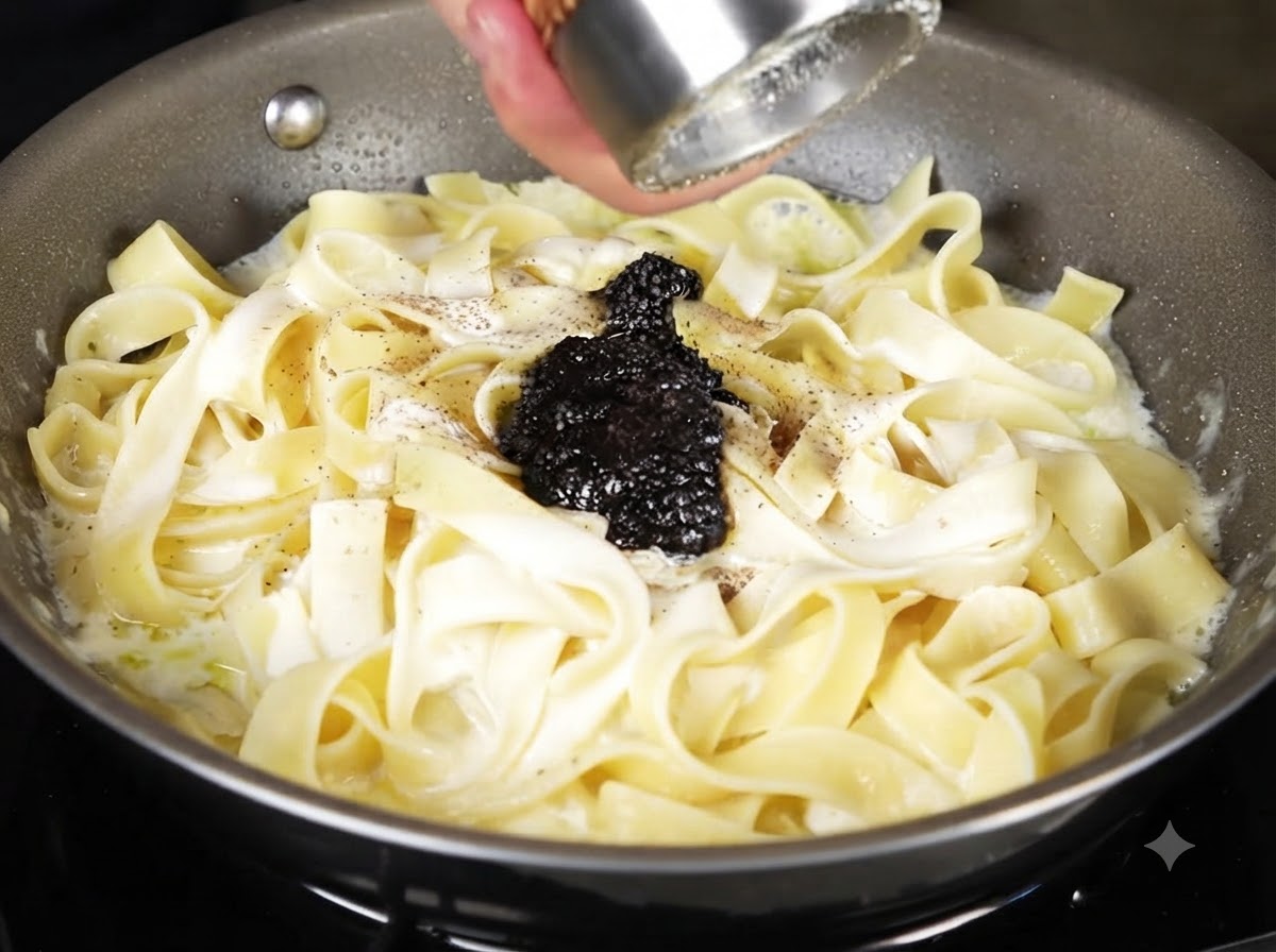 Sea salt being ground from a shaker onto the creamy pasta in the skillet.
