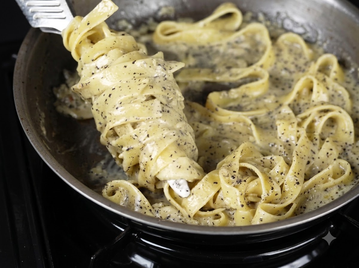 A fork holding up a portion of plated black truffle cream pasta garnished with caviar.
