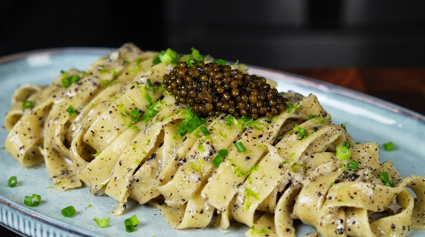 A light blue plate of glossy black truffle cream pasta, exquisitely garnished with black caviar and chopped green onions against a dark background.