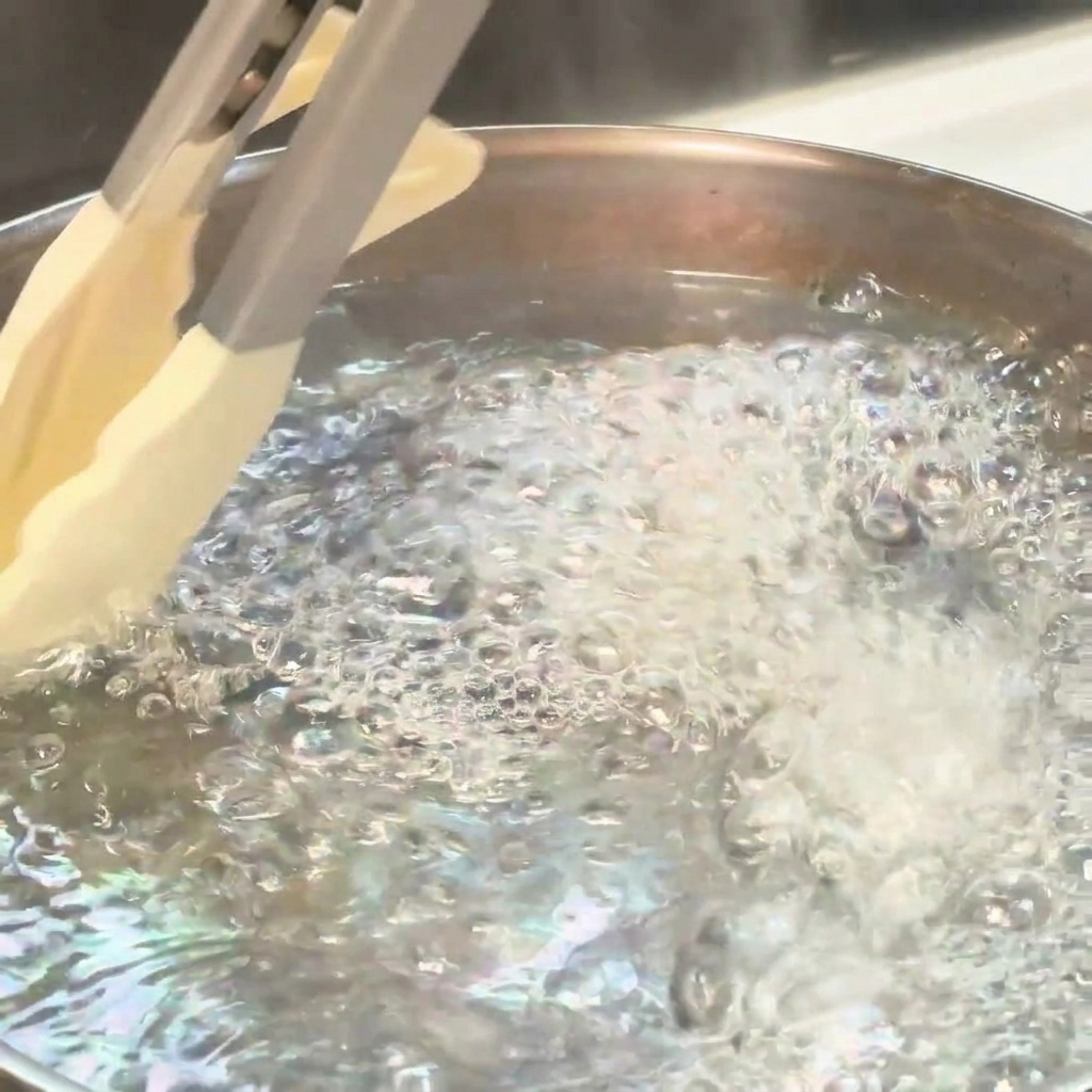 Spaghetti strands being lowered into boiling water with kitchen tongs.