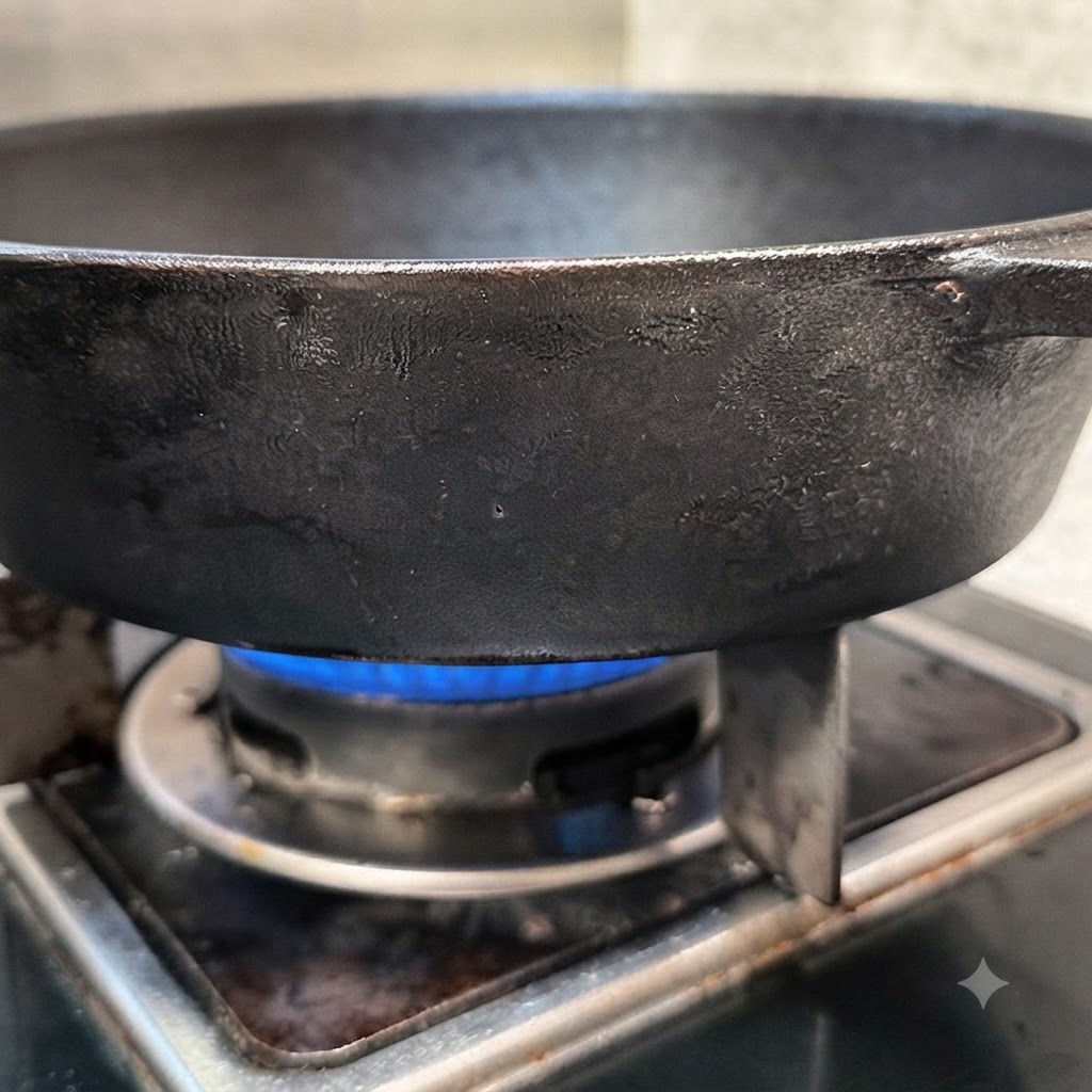 Garlic slices slow-cooking in olive oil over a blue gas flame.