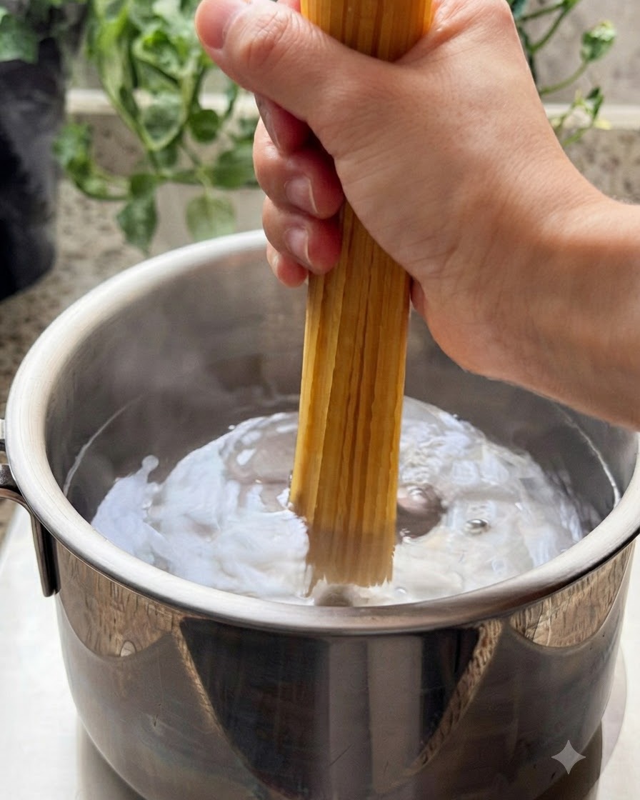 A bundle of dry spaghetti being lowered into a pot of boiling water.