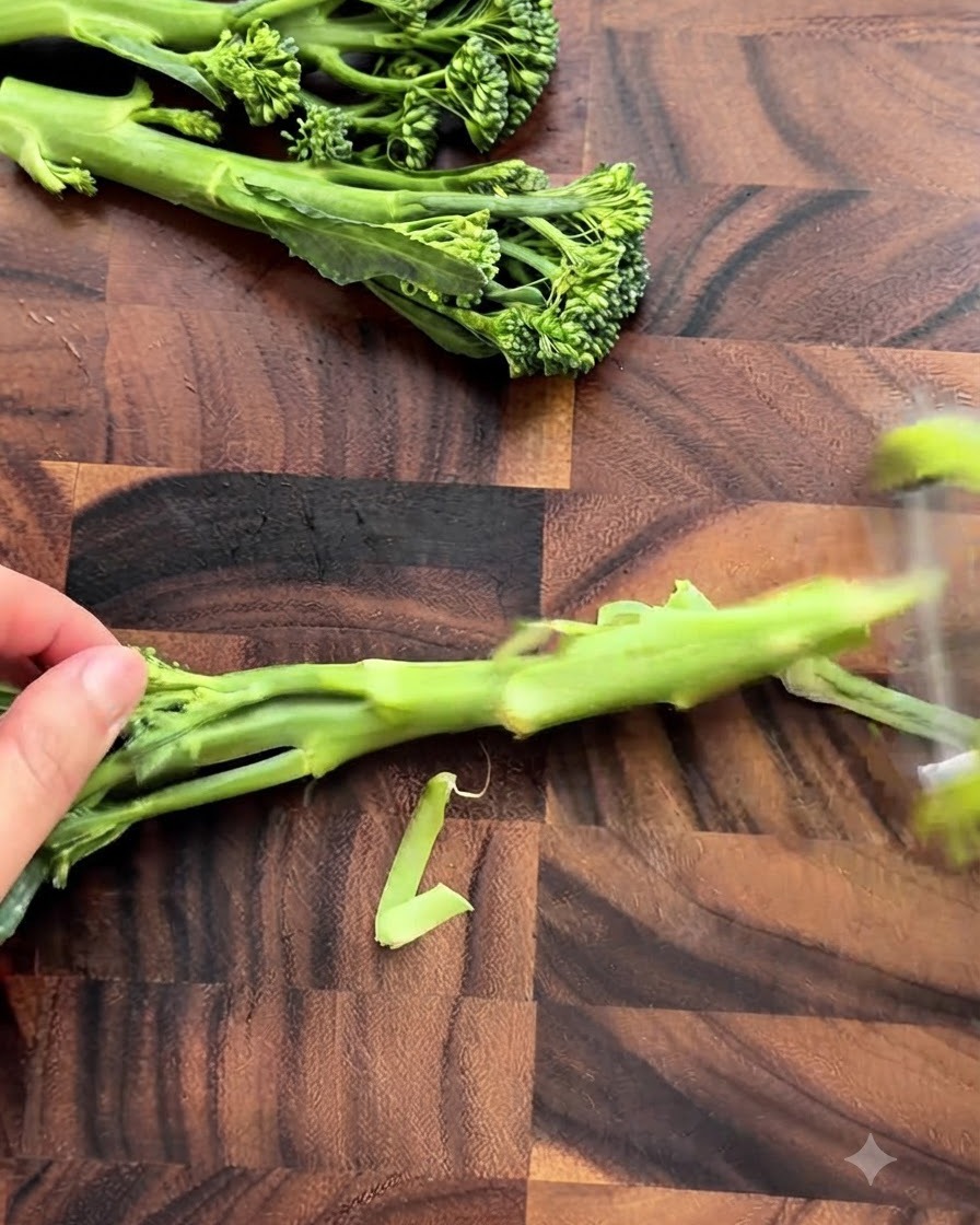 Green vegetable stems being peeled and chopped on a wooden cutting board.