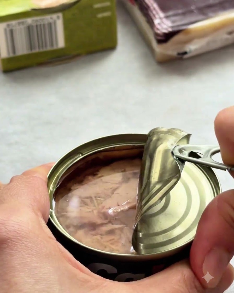 A can of tuna being opened with a pull-tab.