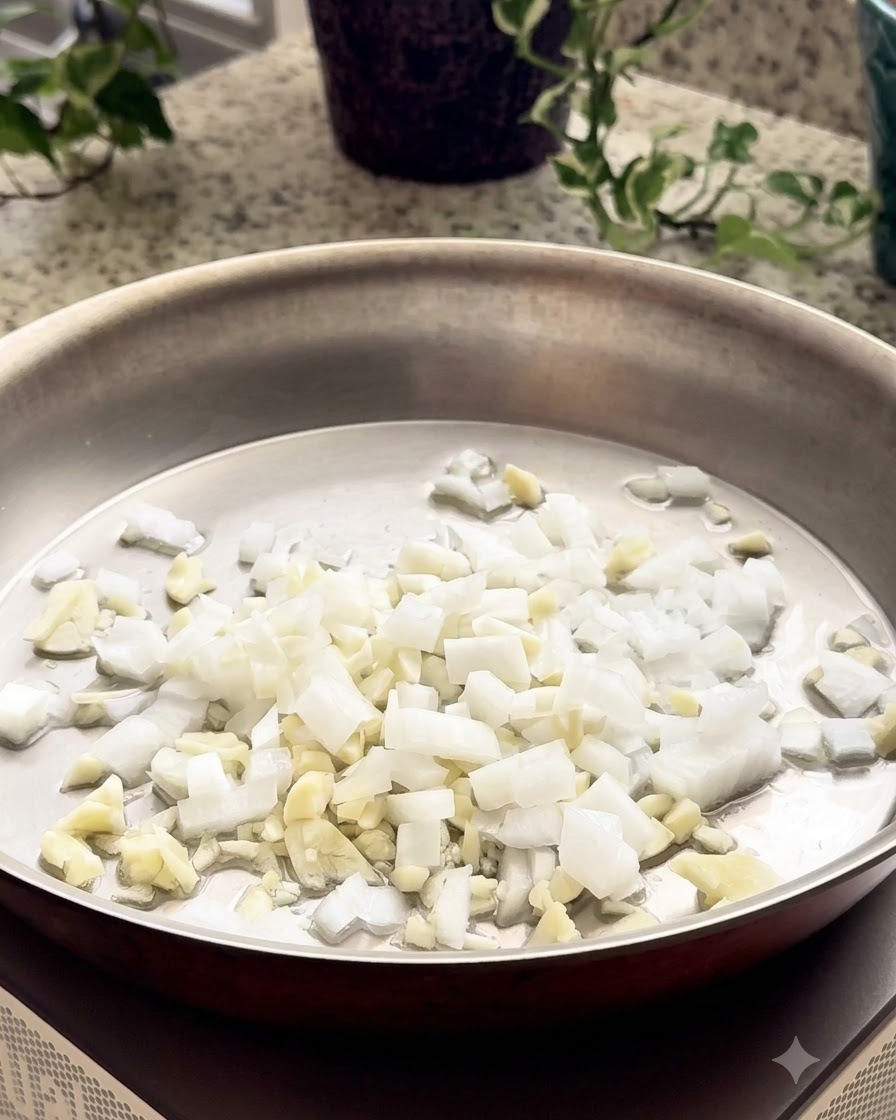Chili flakes being sprinkled into a pan with chopped onions, garlic, and broccoli.