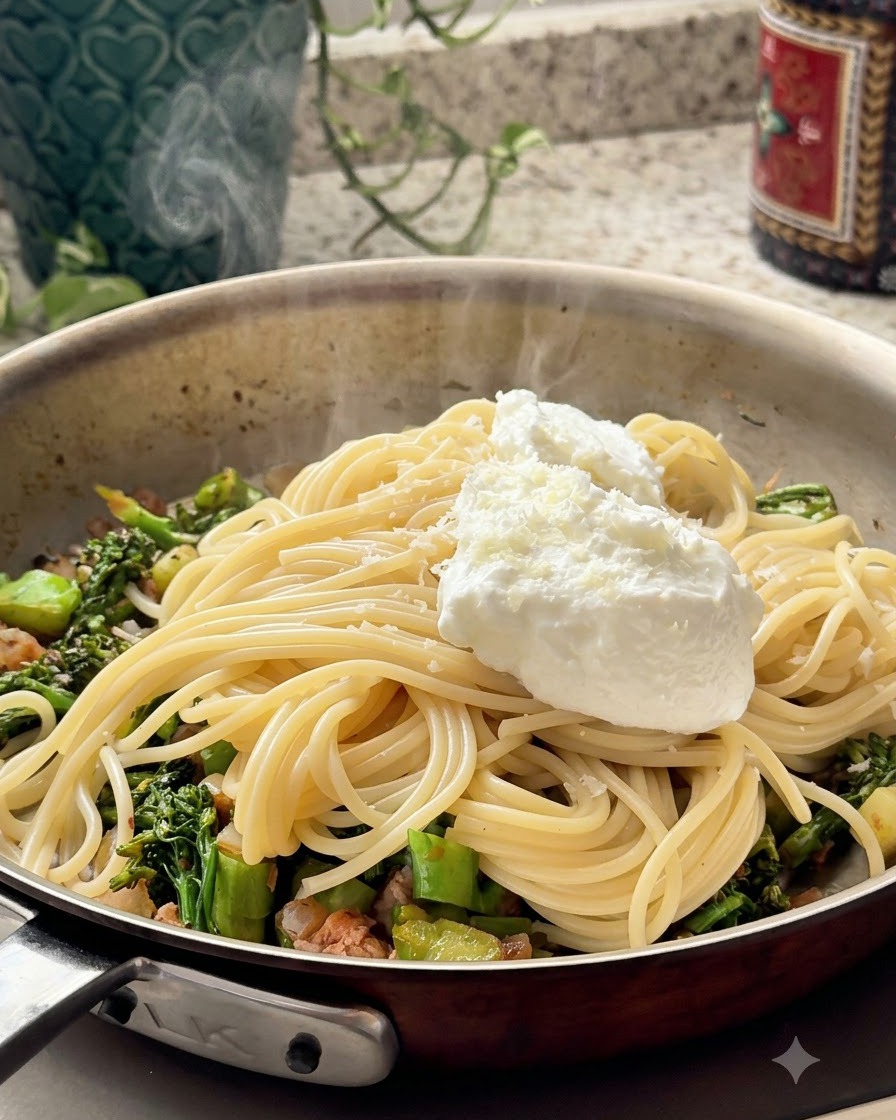 Lemon zest being freshly grated over a cooked pasta dish in a pan.