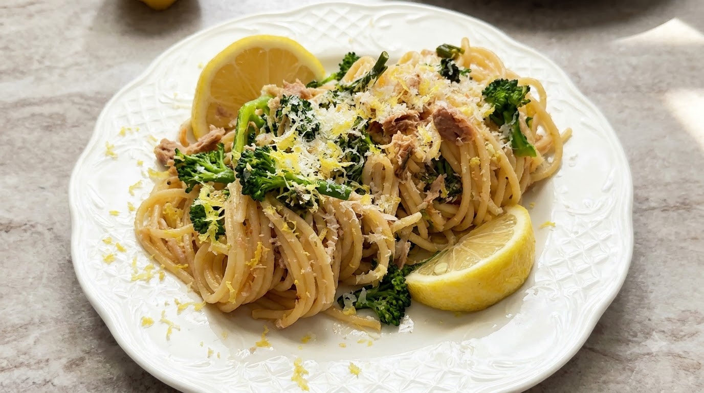 Garlic Tuna Pasta with Broccoli and Lemon Zest