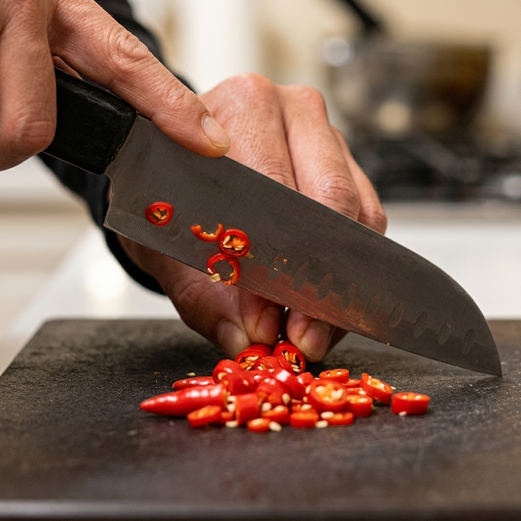A close-up view of a chef slicing red chili peppers on a dark cutting board with a kitchen knife.
