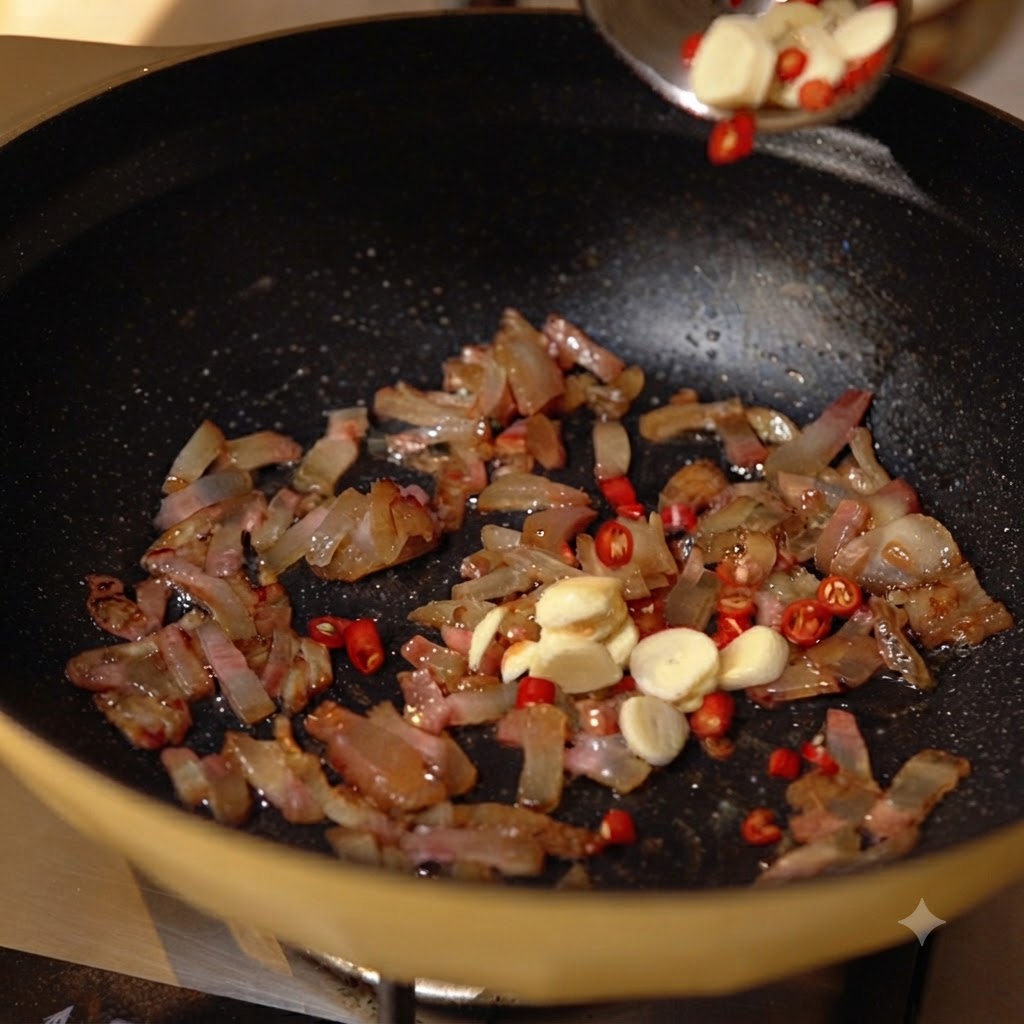 Garlic slices and red chili pieces being dropped into a pan containing rendered pork cheek.