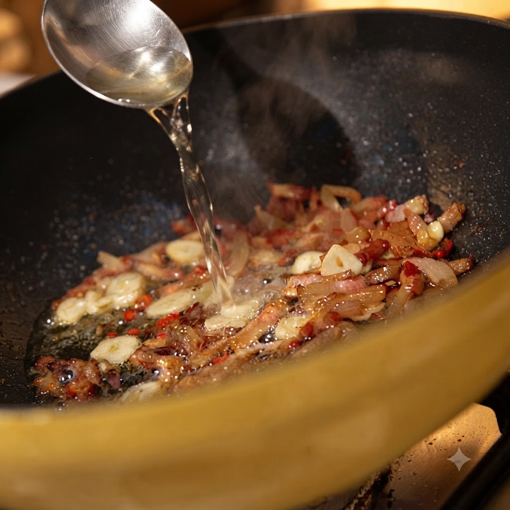 White wine being poured from a silver spoon into a pan of sizzling meat and garlic.
