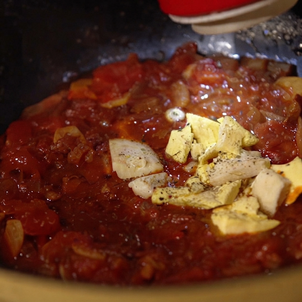Chunks of butter and cheese melting into a bubbling red tomato sauce in a pan.