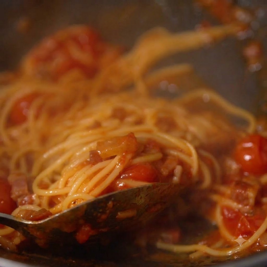 Cooked spaghetti strands mixing into the red tomato and meat sauce inside a pan.