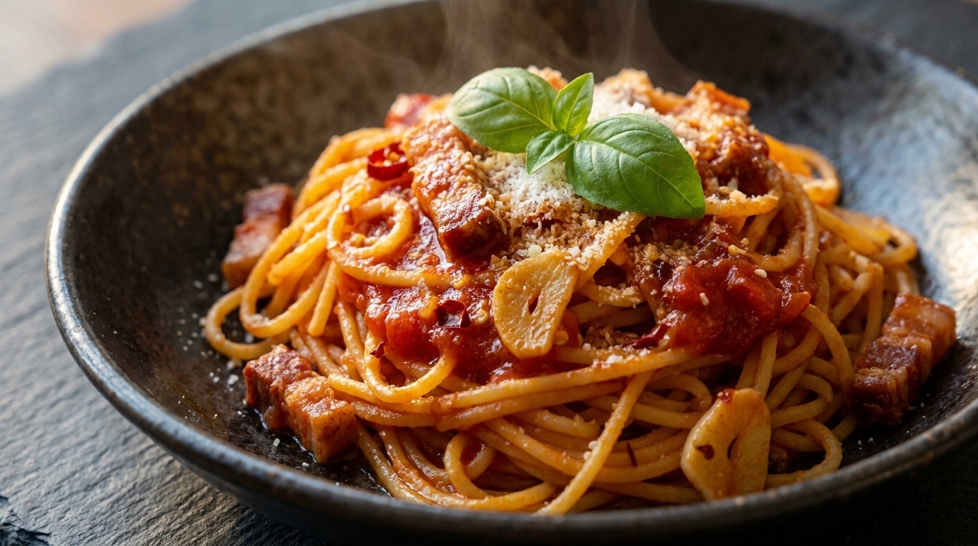 A bowl of spicy tomato pasta tossed with guanciale, garlic, and grated cheese