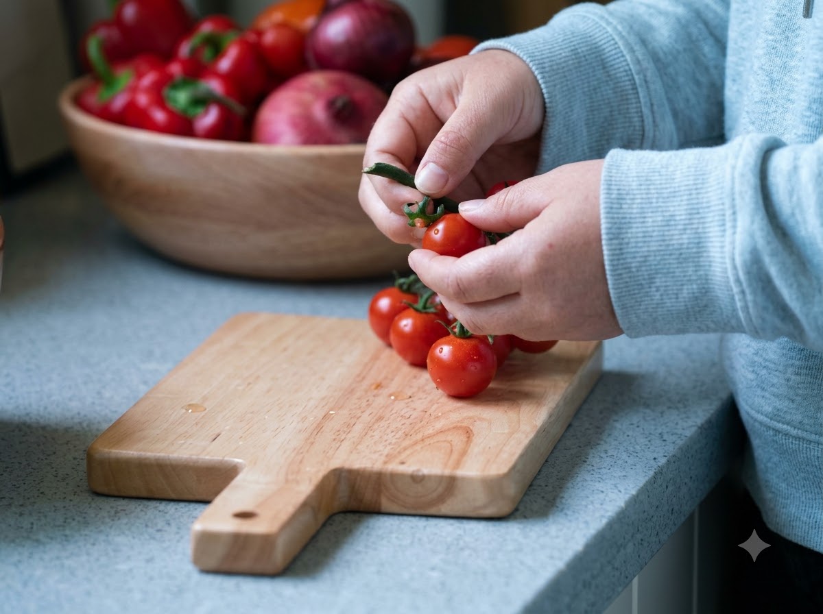 Cherry tomatoes being arranged on a wooden board.
