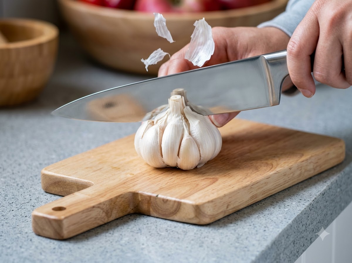 A sharp knife slicing through a whole garlic bulb on a wooden board.