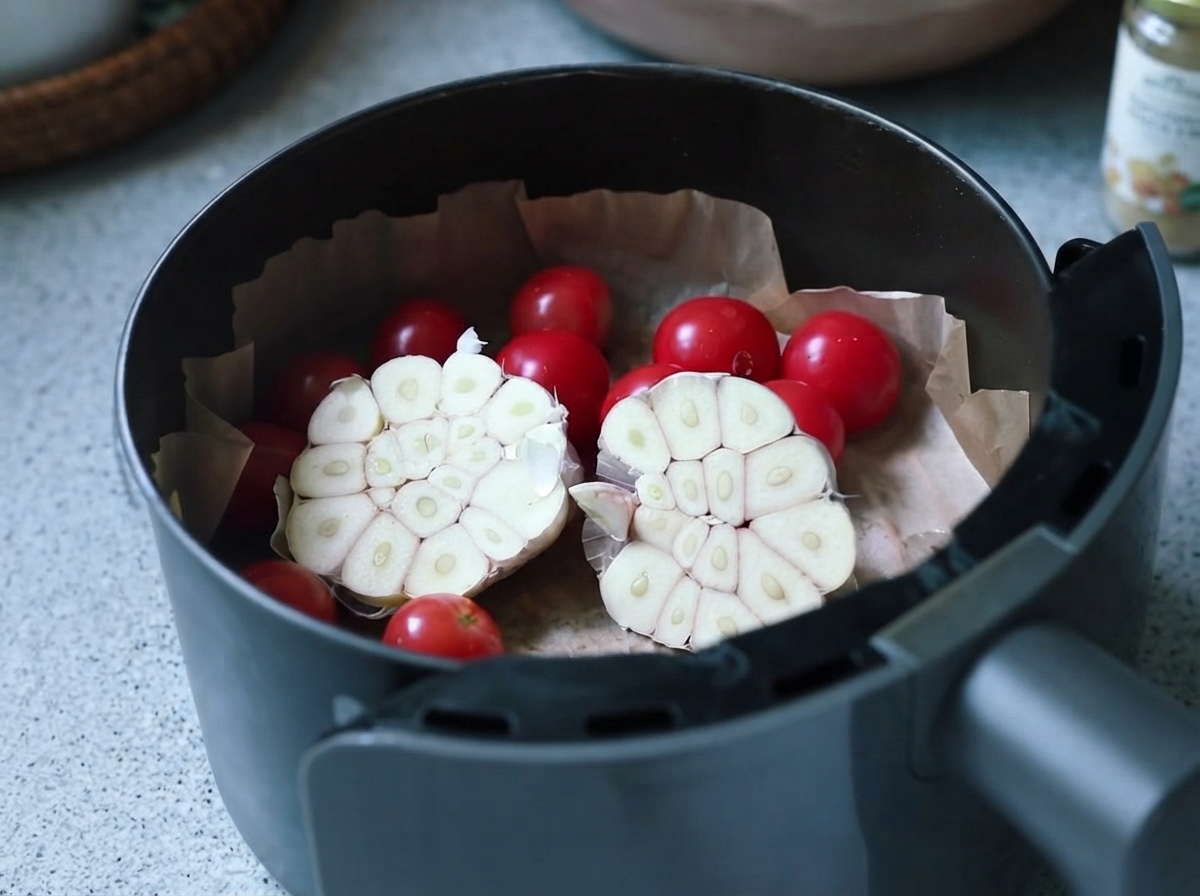 Olive oil being poured over garlic and tomatoes in an air fryer.
