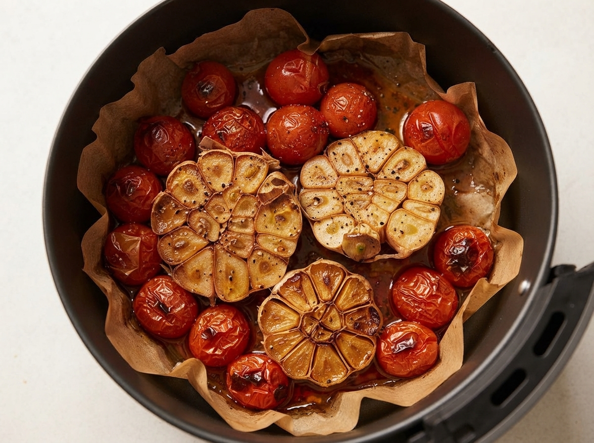 Black pepper flakes falling onto roasted garlic and tomatoes.