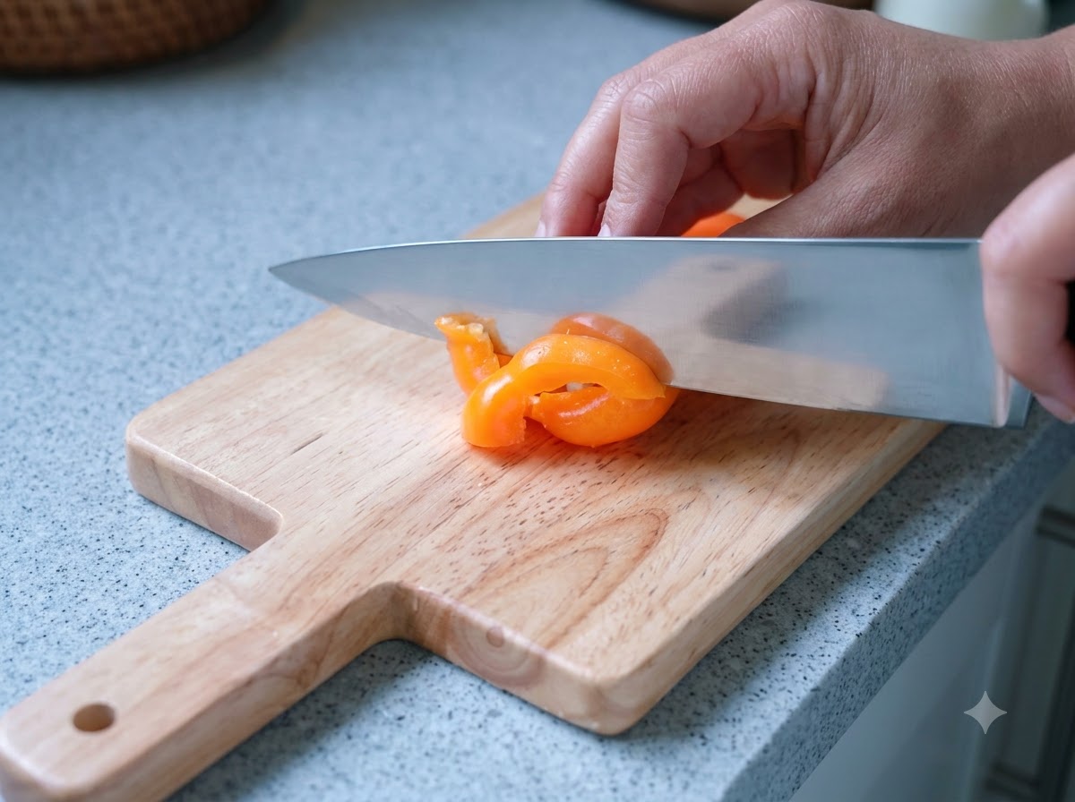 An orange bell pepper being sliced on a cutting board.