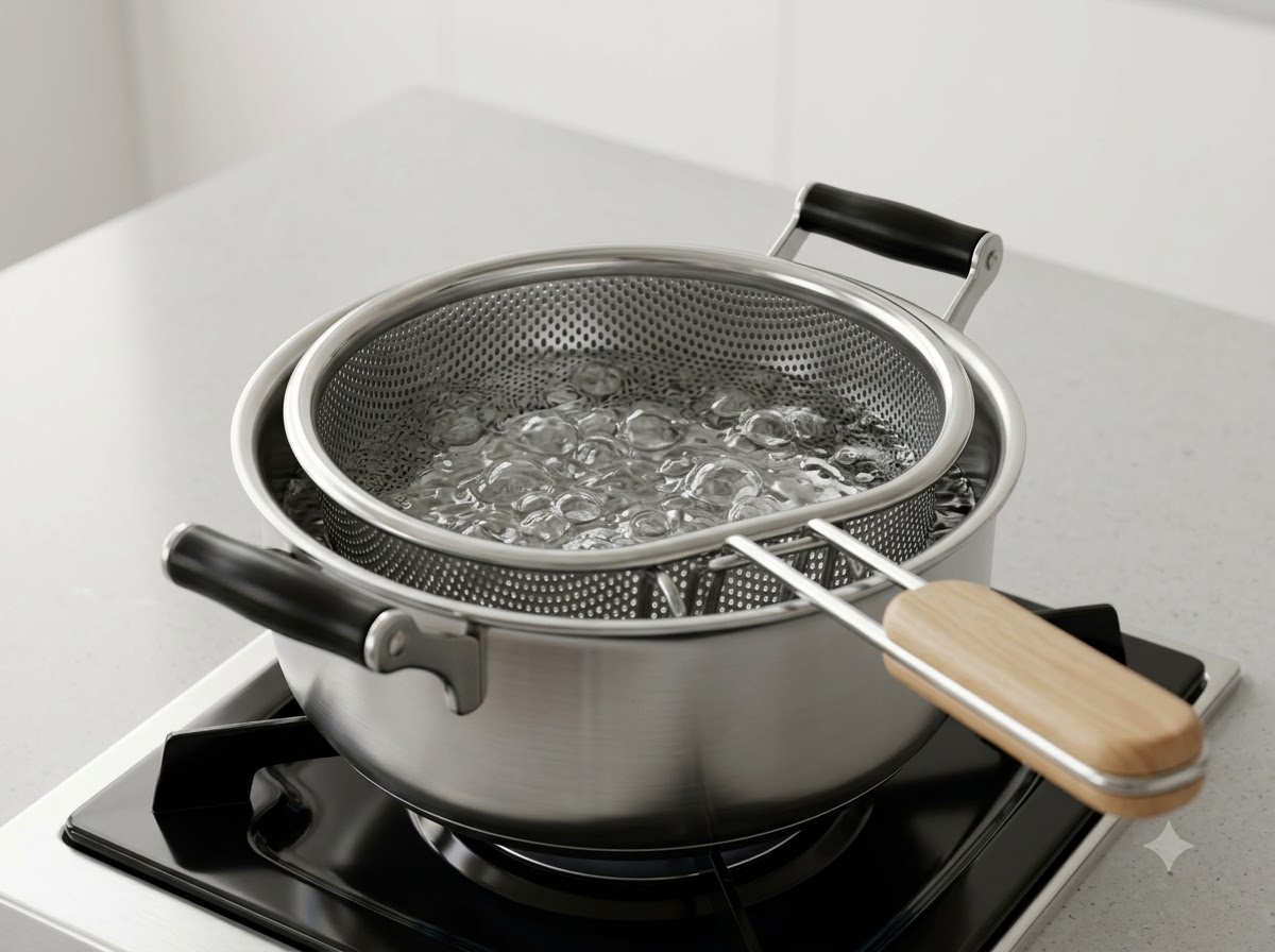 Spinach leaves blanching in a pot of boiling water using a strainer basket.