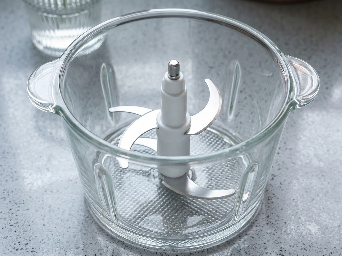 Blanched spinach leaves, a square of butter, and a splash of water inside a glass mixing bowl with blender blades.