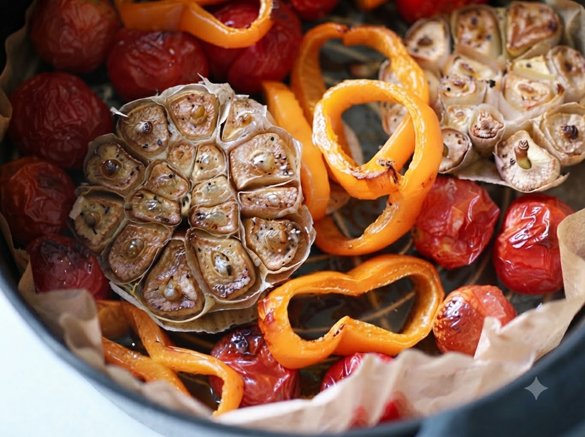 Roasted garlic heads and baked tomatoes in an air fryer basket.