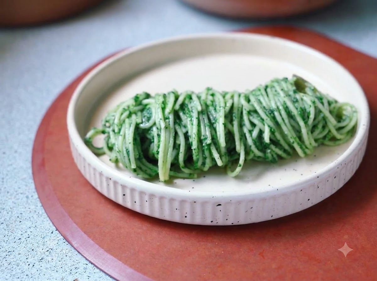 An electric food processor blending spinach, butter, and roasted garlic into a smooth green sauce.