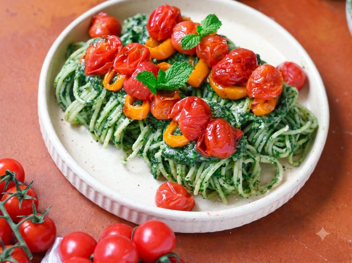 Cooked spaghetti noodles being transferred with metal tongs into a pan with green spinach sauce.