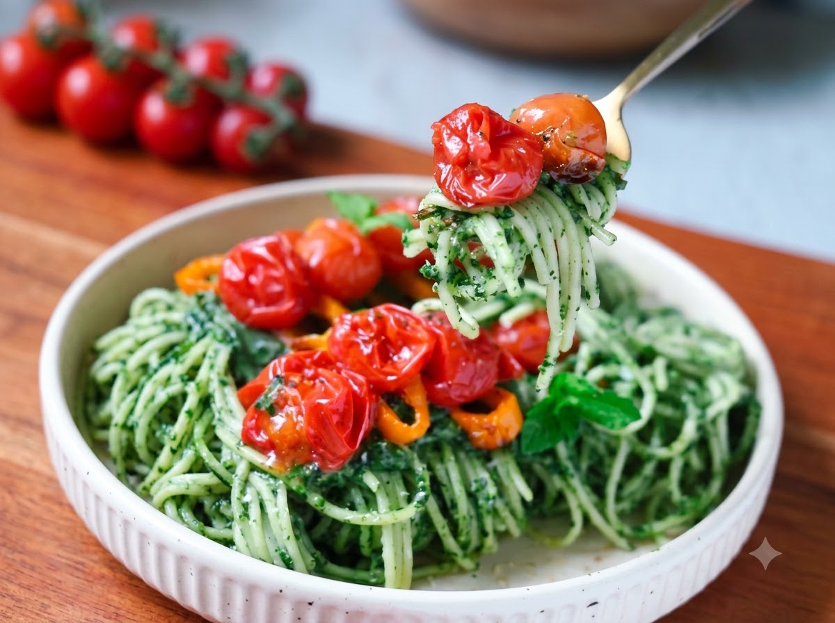 Black pepper and sea salt being sprinkled over spaghetti noodles mixing with green sauce in a skillet.